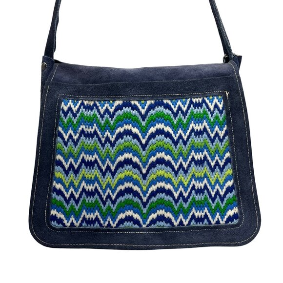 Handcrafted Navy Blue Suede With Chevron Pattern Front Panel Crossbody Bag - Picture 1 of 9